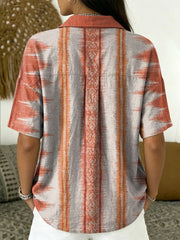 Women's Vintage Retro Geometric Patterns Casual Polo Collar Short-sleeved Linen And Cotton Shirt