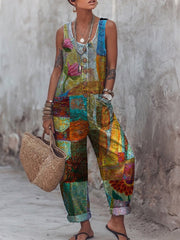 Women's Vintage Art Print Casual Jumpsuit
