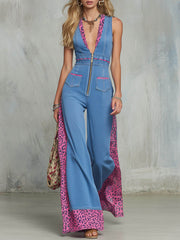 Women's V-neck Sleeveless Denim Jumpsuit With Leopard Print Paneling And Wide Legs