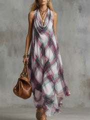 Women's Casual Loose-fit Sleeveless Cowl-neck Plaid Print Dress