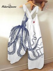Vintage Japanese Art Octopus Print Loose Casual Jumpsuit
