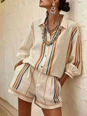 Apricot & Contrasting Vertical Stripe Cotton-linen Shirt + Shorts Two-piece Set