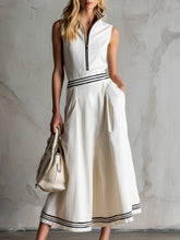 Elegant Sporty Striped TrimWhite Cotton Sleeveless Midi Dress
