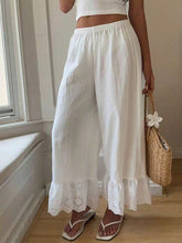 Women's White Lace-trimmed Wide-leg Pants — Loose-fit Casual Trousers (lightweight)
