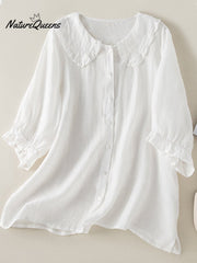 Cotton Linen Loose Peter Pan Ruffles Neck Shirt