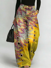 Women's Retro Floral Art Print Casual Stylish Hollow Denim Pants