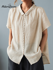 Ladies Casual Cotton And Linen Shirt With Lapel Button Design