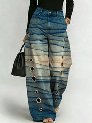 Women's Retro Gradient Pattern Printed Stylish Cutout Casual Denim Jeans