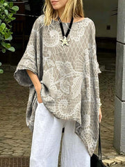 Women's Retro Floral Art Print Casual Cotton Long Shirt