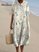 Women's Vintage Lovely Floral Art Print Casual Pocket Linen Dress(Convertible Dress With Front And Back Option)