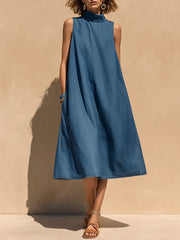 Women's Sleeveless Denim A-line Dress With High Neck