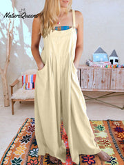 Women's Solid Color Loose Elegant Casual Cotton Linen Suspender Jumpsuit