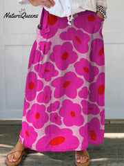 Vibrant Pink Floral Pattern Printed Women's Linen Pocket Skirt