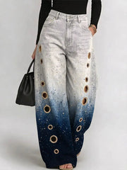 Women's Vintage Gradient Art Print Casual Fashion Cutout Jeans