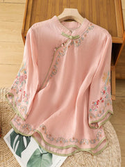 Women's Stand-collar 3/4-sleeve Casual Loose Cotton-linen Embroidered Top