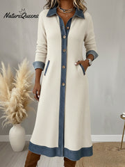 Casual Denim Patchwork Corduroy A-line Midi Dress