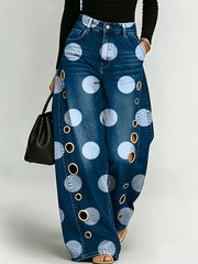 Polka Dot Decorative Pattern Women's Cotton Denim Pants