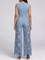 Women's Round-neck Sleeveless Cutout Lace Casual Loose-fit Denim Wide-leg Jumpsuit