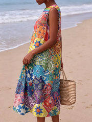 Artistic Floral Color-block Cotton-linen Dress