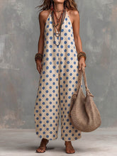 Women's Polka Dot Print V-neck Sleeveless Casual Loose-fit Cotton-linen Wide-leg Jumpsuit