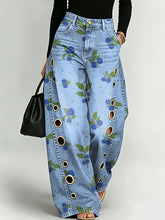 Blueberry Decorative Pattern Women's Casual Cotton Denim Pants