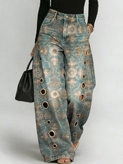Women's RetroPrint Casual Fashion Cutout Jeans