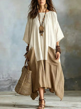 Women's Color-block Patchwork Cotton-linen Dress — Round Neck, Three-quarter Sleeves, Loose Fit