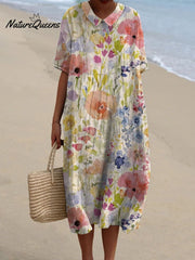 Women's Vintage Lovely Floral Art Print Pocket Linen Dress(Convertible Dress With Front And Back Option)