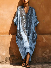 Women's Casual Loose Cotton-linen Dress With Placement Print V-neck And 3/4 Sleeves
