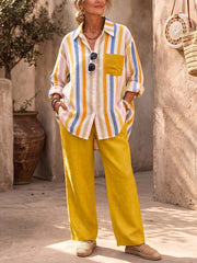 Cozy Striped Color-block Shirt & Pants Two-piece Set