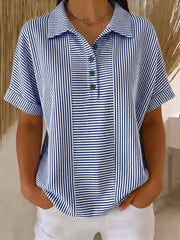 Artistic Cut Striped Cotton-linen Polo Collar Shirt Blouse