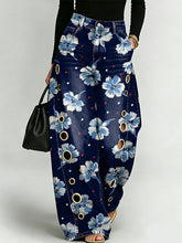 Elegant Floral Decorative Patterns Women's Casual Cotton Denim Pants