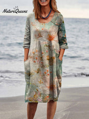Spring Cherry Blossom Floral Close-up View Art Women's Linen Pocket Tunic Dress