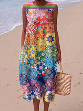 Artistic Floral Color-block Cotton-linen Dress