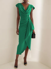 Women's Solid-color Short-sleeve Casual Slim-fit Dress With Cowl Neck And Ruching