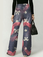 Heart And Bowknot Decorative Pattern Women's Cotton Denim Pants
