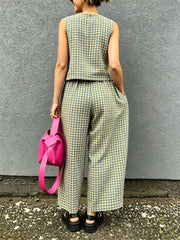 Retro Plaid Sleeveless Top& Wide-leg Pants Two-piece Set