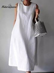 Women's Solid Color Loose Elegant Casual Sleeveless Large Size Cotton And Linen Dress