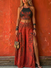 Bohemian-style Two-piece Set: Lace-up Top And Slit Pants