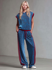 Leopard Print Hooded Sleeveless Top And Velvet Trousers Set