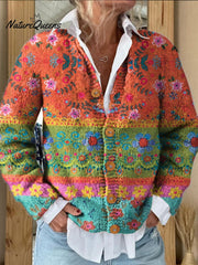 Women's Vintage Contrast Floral Art Print Buttoned Cardigan Sweater