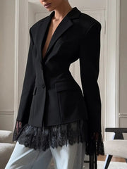 Women's Fitted Waist Long-sleeve Lace Spliced Blazer