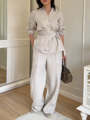 Women's Solid-color Cotton-linen Set: V-neck Long-sleeve Casual Top & High-waisted Wide-leg Pants