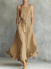 Women's Round-neck Sleeveless Waist-tie Dress