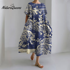 Japanese Art Plum Blossom Printed Crew Neck Casual Midi Dress
