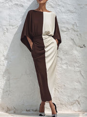 Women's Color-block Print Dress — Crew Neck 3/4 Sleeves Casual Loose Fit Waist-cinching Style