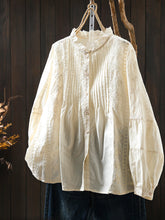 Plus Size Women Winter Artsy Stand Collar Embroidery 100%Cotton Shirt
