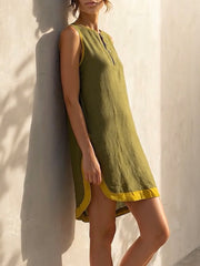 Olive Green & Lemon Yellow Trim Half-button Cotton-linen Sleeveless Straight Mini Dress