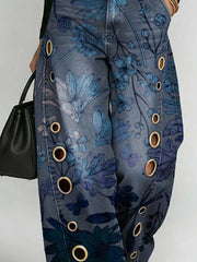 Women's Retro Floral Art Print Casual Stylish Hollow Denim Pants