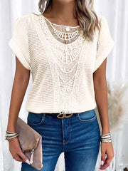 Women's Crew Neck Short-sleeve Casual Loose Top With Lace Splicing